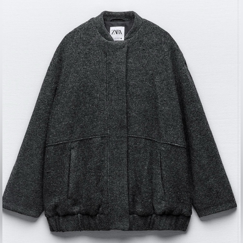 NWOT Zara Wool blend Dark Gray oversized Bomber Jacket, size XS